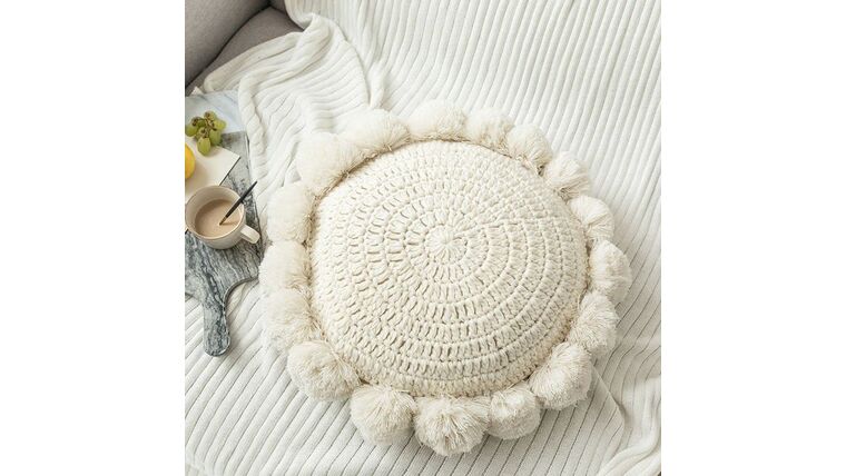 Knitted Throw Pillow Round Couch Pillow Sofa Cute Cushion Handmade Pompoms Decorative Plush Pillow – Beige | Rental