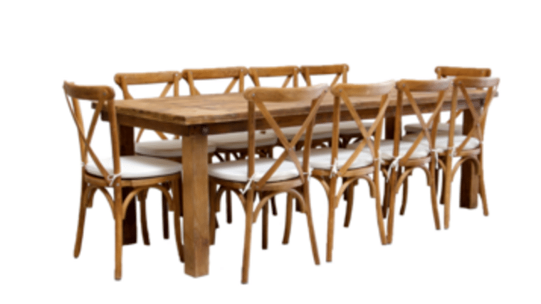 Package - 1 (8') Honey Brown Farm Table With 10 Cross-Back Chairs Package | Rental