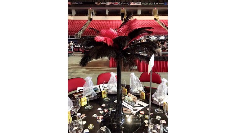 Package – Black Eiffel Tower Vase With Red & Black Feathers Centerpiece | Rental