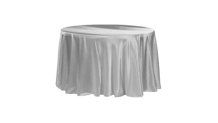 Satin 120″ Round Tablecloth – Silver | Rental Satin 120″ Round Tablecloth – Silver | Rental