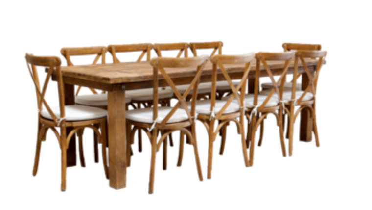 Package - 1 Honey Brown Farm Table With 10 Cross-Back Chairs Package | Rental