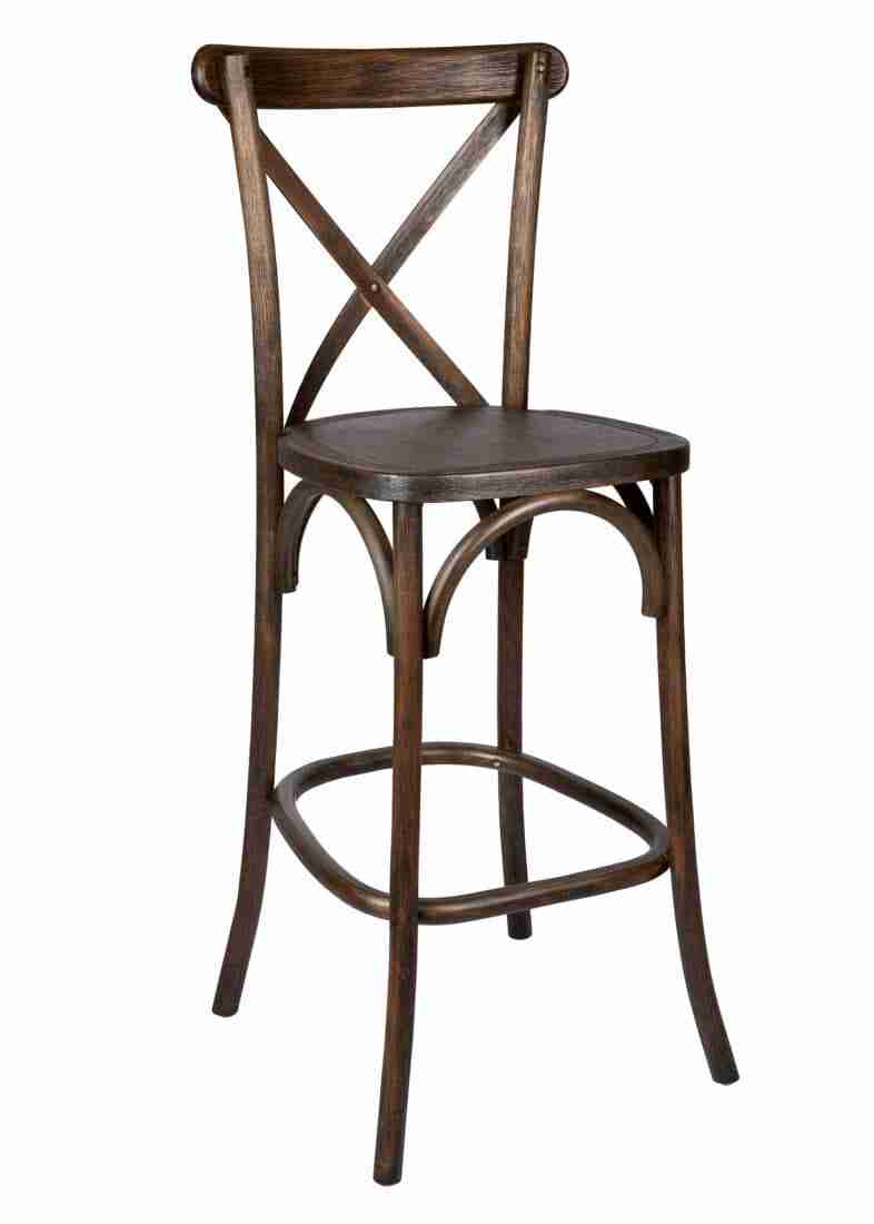 Fruitwood Wood Cross Back Barstool | Rental