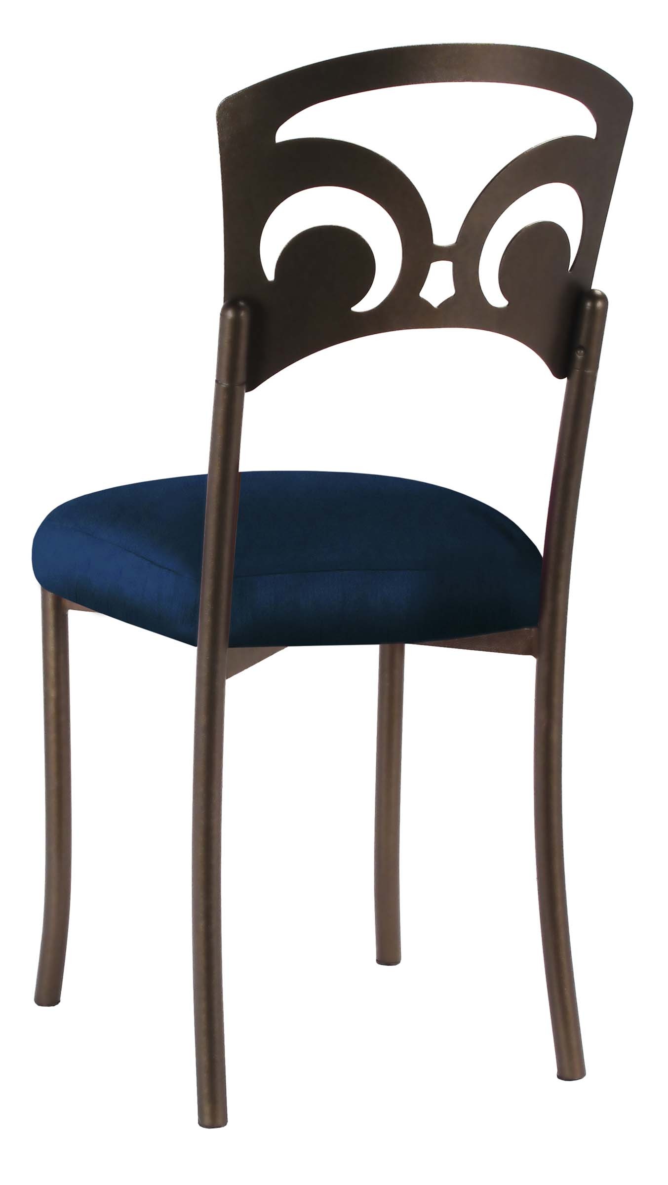 Bronze Fleur de Lis with Midnight Blue Taffeta Boxed Cushion – Chameleon Chair Collection | Rental