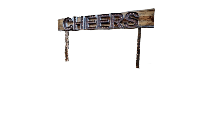 8′ Rustic Cheers Sign Rental – w/6′ Legs & Bases | Used – Purchase | Rental 8′ Rustic Cheers Sign Rental – w/6′ Legs & Bases | Used – Purchase | Rental