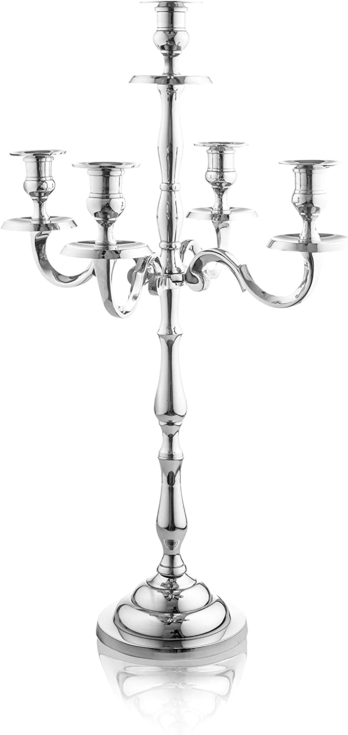 24 Inch Silver 5 Candle Candelabra – Classic Elegant Design – Wedding, Dinner Party And Formal Event Centerpiece – Nickel Plated Aluminum, Mirrored Finish | Rental