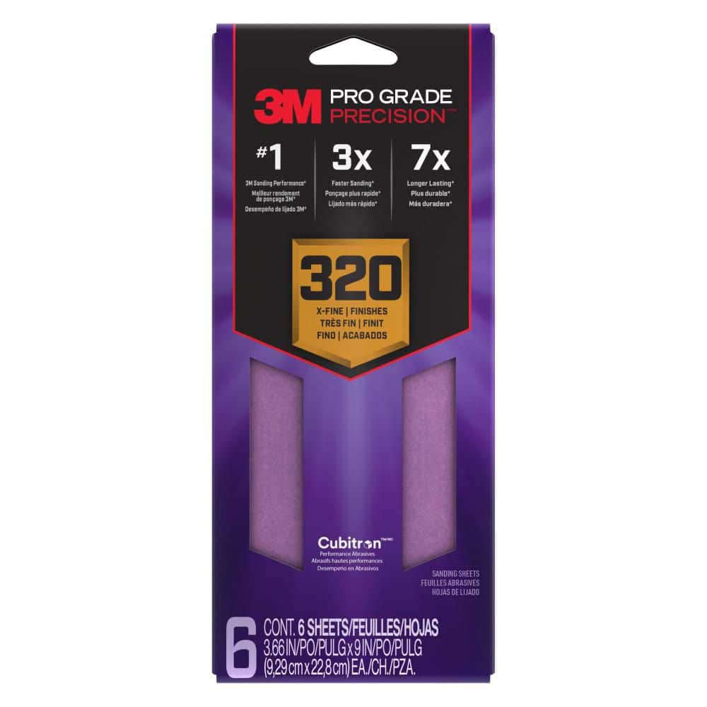 3M — Pro Grade Precision 3.7 in. x 11 in. Extra Fine 320-Grit Sheet Sandpaper (6-Pack) | Rental