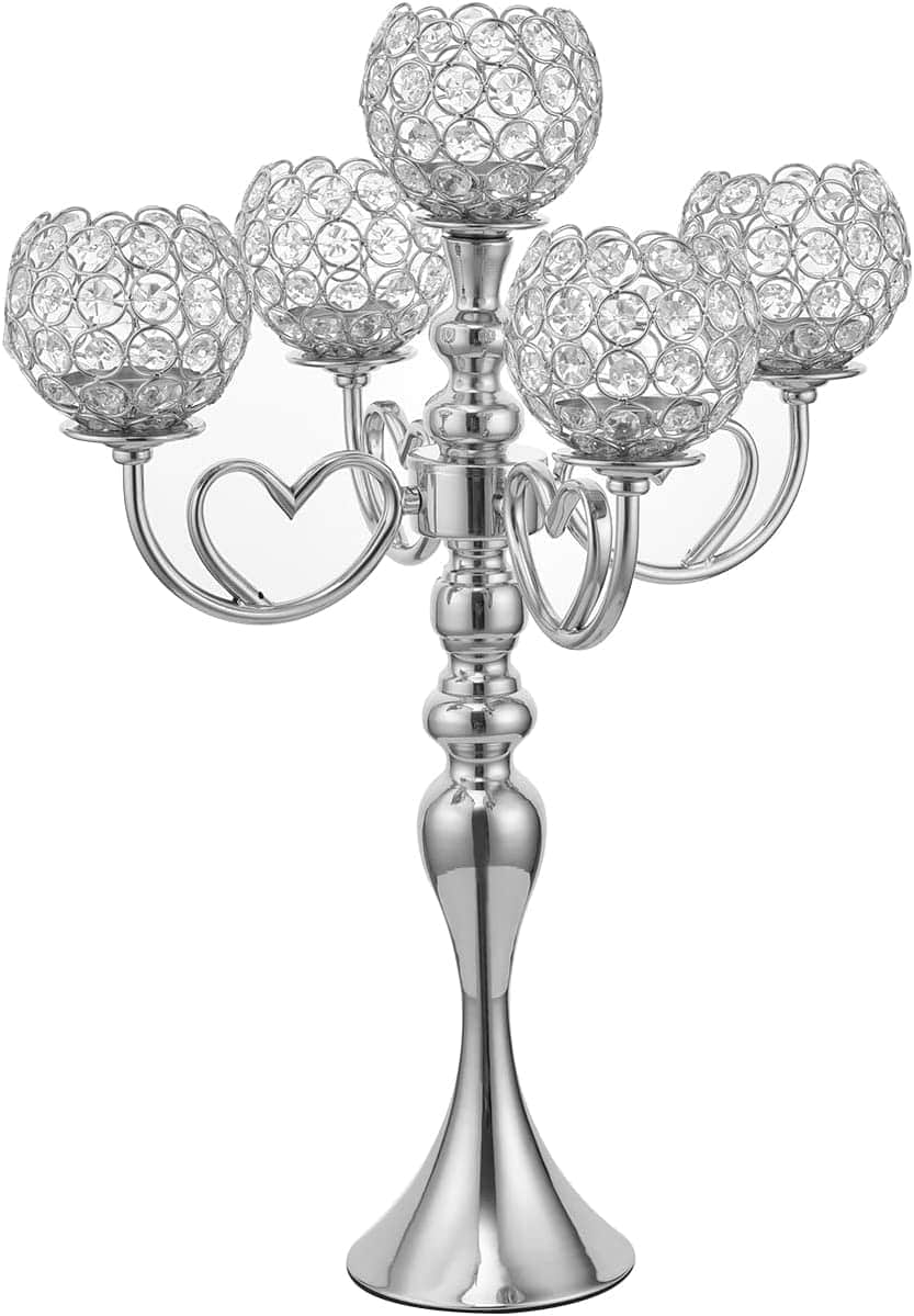 5 Arms Silver Crystal Candelabra for Wedding Home Decoration,Christmas Party Dinning Room Table Candle Holders Centerpieces | Rental