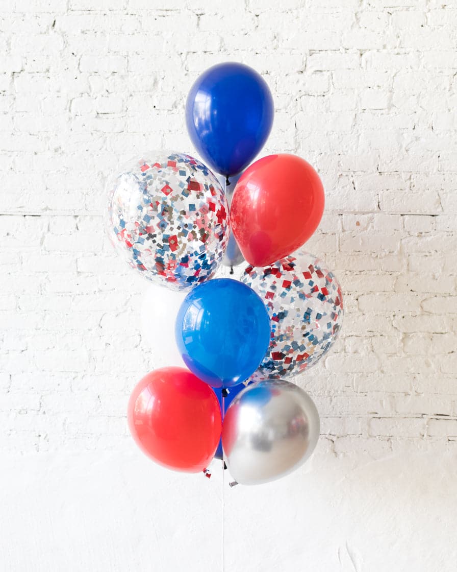 Red, White and Blue Palette Confetti and 11in Balloons – bouquet of 10 | Rental