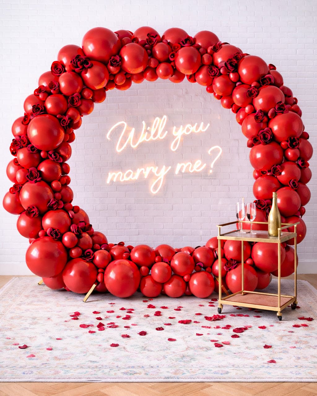 Valentine’s Day – Circle Frame with Florals and Will You Marry Me Neon Sign | Rental