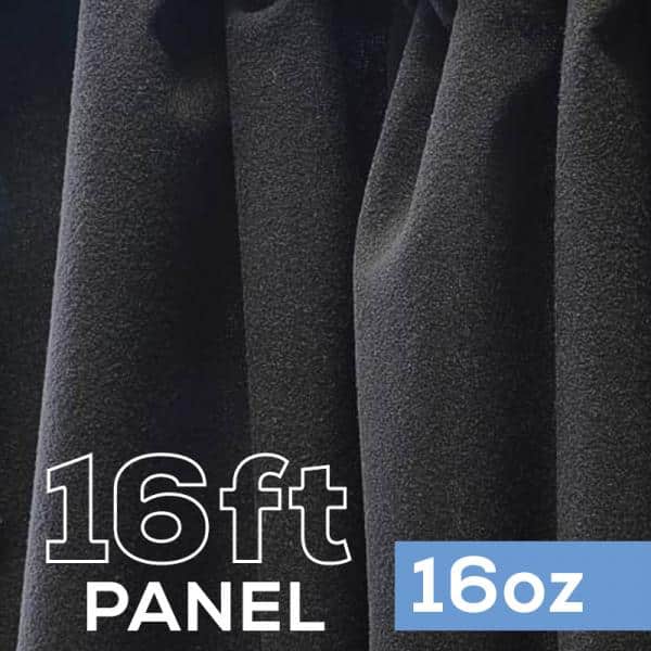 16oz. Fire Retardant Duvetyne/Commando Cloth – Sewn Drape Panel w/ 4″ Rod Pockets – 16ft in Black | Rental