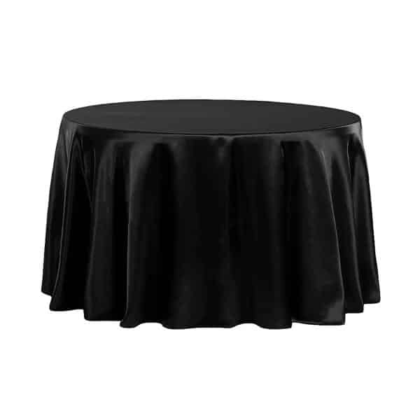 Sleek Satin Tablecloth 120″ Round – Black | Rental Sleek Satin Tablecloth 120″ Round – Black | Rental