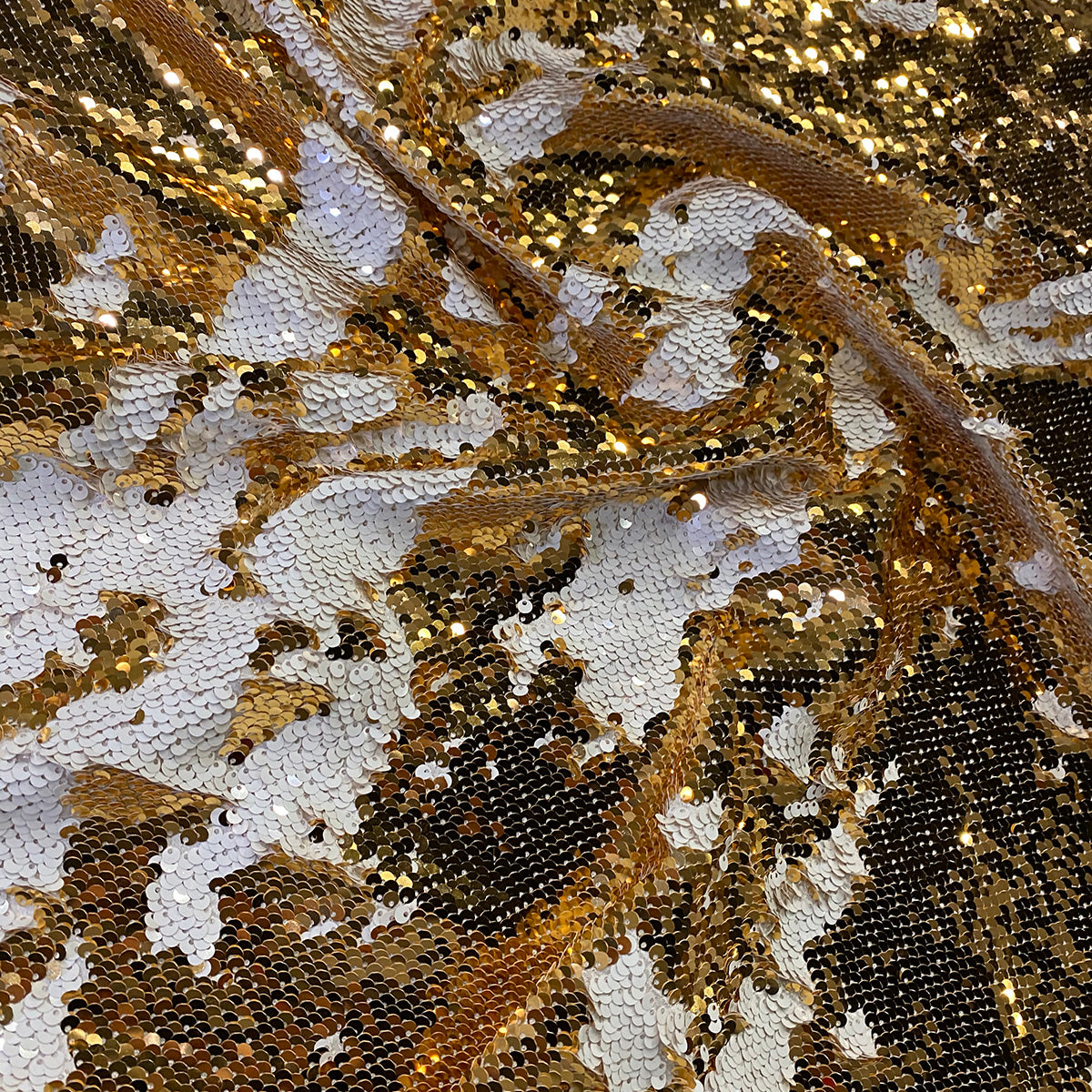 Two-Tone Sequins Wholesale Fabric in Gold and White | Rental