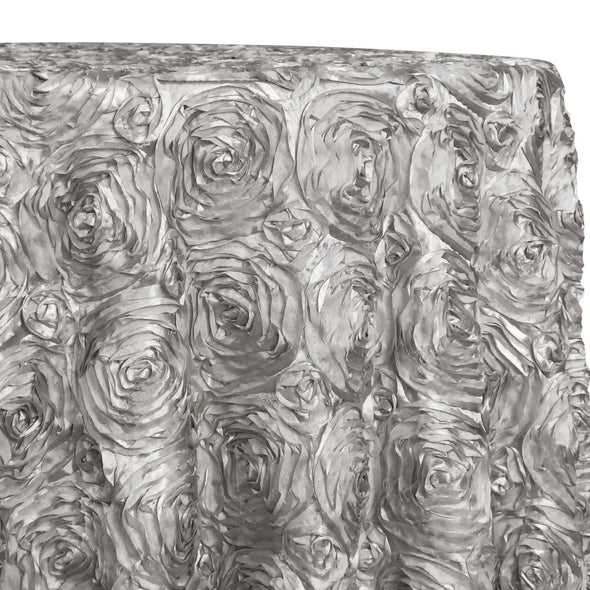 Rose Satin (3D) Table Linen in Silver | Rental Rose Satin (3D) Table Linen in Silver | Rental