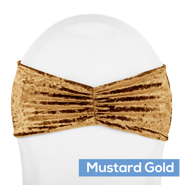 Premade Velvet Ruffle Stretch Chair Band – Mustard Gold | Rental