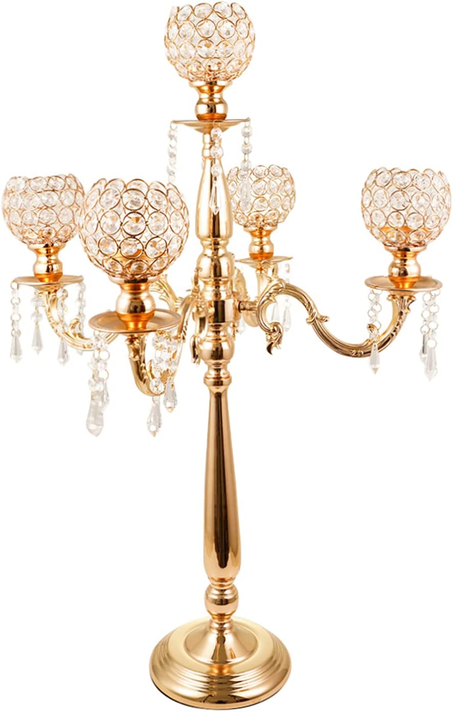 5 Arm Crystal Candelabra Centerpieces Gold Candle Holders for Wedding Columns Home Holiday Dinner Party and Formal Event Table Decoration | Rental