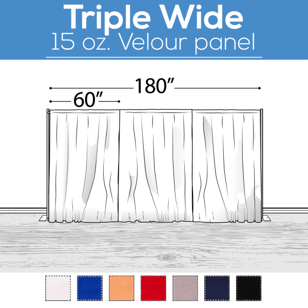 15 oz. Inherently Fire Retardant Polyester Velour – Triple Wide (180″) Sewn Drape Panel w/ 4″ Rod Pockets – 20ft | Rental